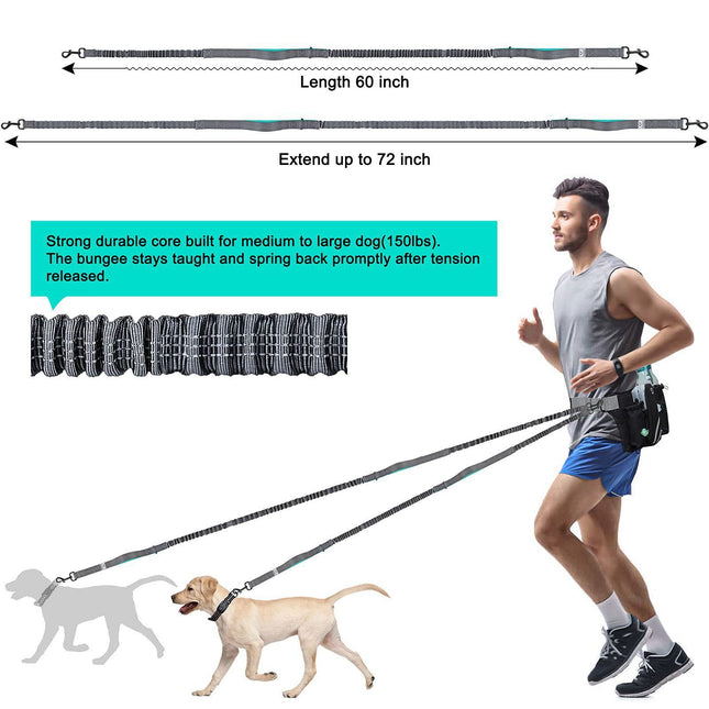 Hands Free Dog Leash Running Belt with Adjustable Bungee Lead(Black), Multi Pocket Outdoor Waist Bag and Free Roll of 15 Poop Bags for Walking, Jogging and Running
