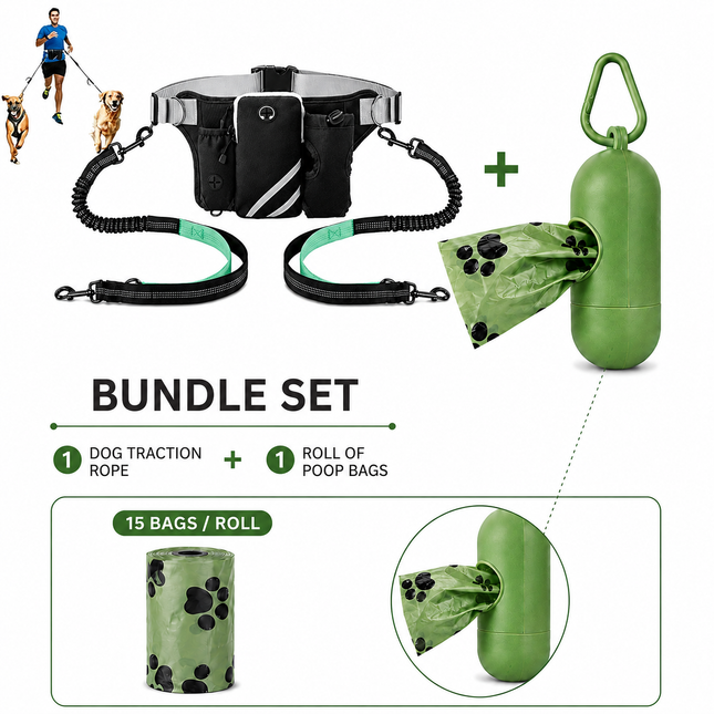 Hands Free Dog Leash Running Belt with Adjustable Bungee Lead(Mint green), Multi Pocket Outdoor Waist Bag and Free Roll of 15 Poop Bags for Walking, Jogging and Running