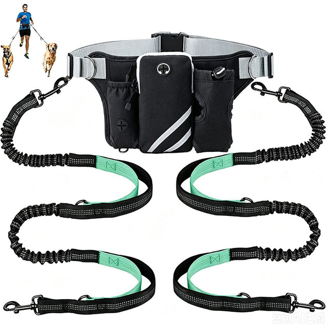Hands Free Dog Leash Running Belt with Adjustable Bungee Lead(Mint green), Multi Pocket Outdoor Waist Bag and Free Roll of 15 Poop Bags for Walking, Jogging and Running