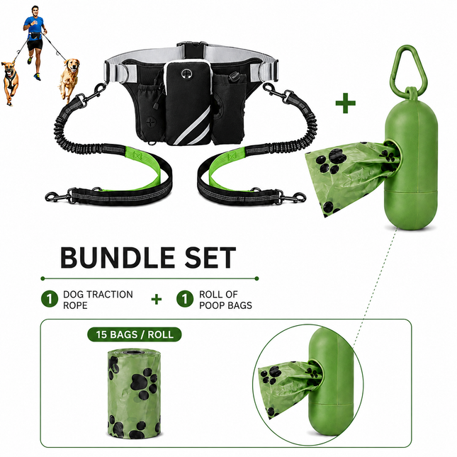Hands Free Dog Leash Running Belt with Adjustable Bungee Lead(Fluorescent green), Multi Pocket Outdoor Waist Bag and Free Roll of 15 Poop Bags for Walking, Jogging and Running