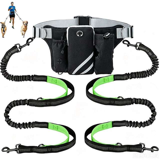 Hands Free Dog Leash Running Belt with Adjustable Bungee Lead(Fluorescent green), Multi Pocket Outdoor Waist Bag and Free Roll of 15 Poop Bags for Walking, Jogging and Running