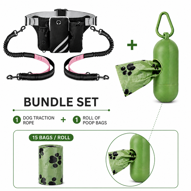 Hands Free Dog Leash Running Belt with Adjustable Bungee Lead(Pink), Multi Pocket Outdoor Waist Bag and Free Roll of 15 Poop Bags for Walking, Jogging and Running