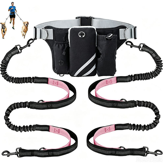 Hands Free Dog Leash Running Belt with Adjustable Bungee Lead(Pink), Multi Pocket Outdoor Waist Bag and Free Roll of 15 Poop Bags for Walking, Jogging and Running