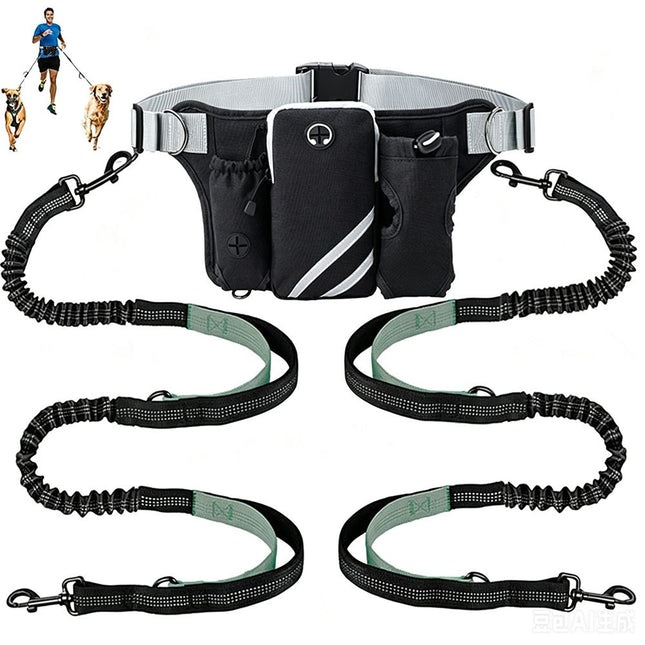 Hands Free Dog Leash Running Belt with Adjustable Bungee Lead(Gray), Multi Pocket Outdoor Waist Bag and Free Roll of 15 Poop Bags for Walking, Jogging and Running