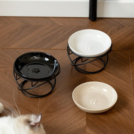 Raised Ceramic Pet Bowl with  Metal Stand White - Paw Print Cat and Dog Feeding Bowl, Removable Easy-Clean Dish with Elevated Design for Food and Water