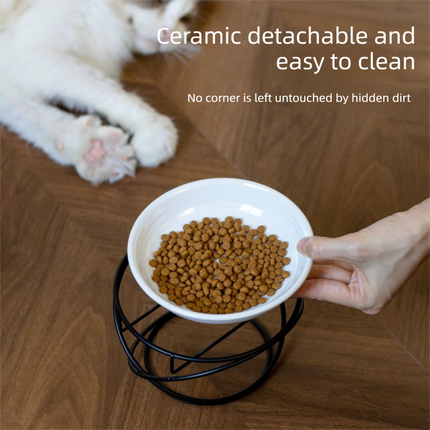 Raised Ceramic Pet Bowl with  Metal Stand White - Paw Print Cat and Dog Feeding Bowl, Removable Easy-Clean Dish with Elevated Design for Food and Water