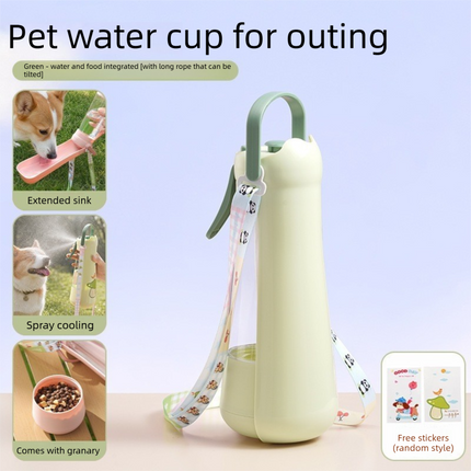 Portable Dog Water Bottle with Foldable Drinking Trough - Green 3-in-1 Pet Travel Water Dispenser with Fine Mist Spray, Food Storage and Carry Strap for Walking and Outdoor Trips