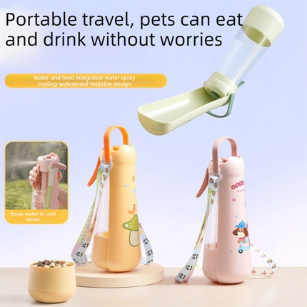 Portable Dog Water Bottle with Foldable Drinking Trough - Green 3-in-1 Pet Travel Water Dispenser with Fine Mist Spray, Food Storage and Carry Strap for Walking and Outdoor Trips