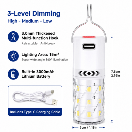 Rechargeable LED Camping Lights 2 Pack - 3 Brightness Modes, 300mAh Battery, Type-C Charging, 360 Degree Portable Hanging Lanterns for Camping and Emergencies