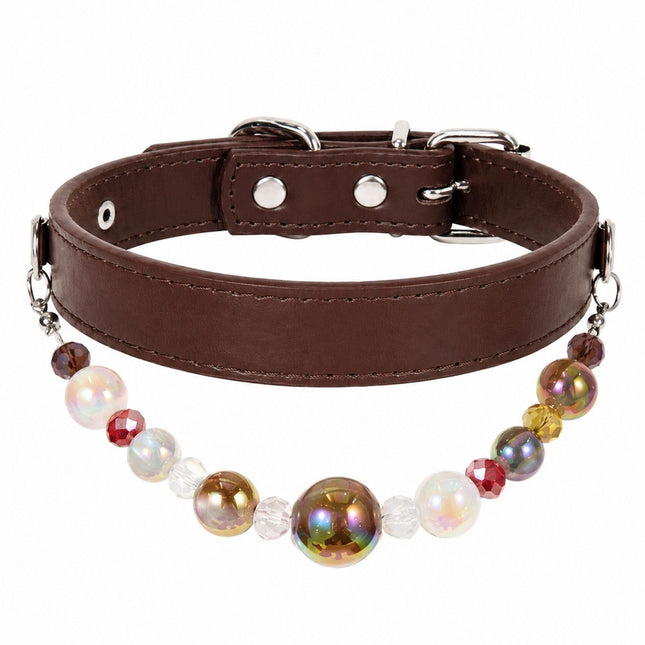 Detachable Beaded Dog Collar - Brown Microfiber PU Leather, Zinc Alloy Hardware, Adjustable S Size 20-28cm Neck, Decorative Pet Collar for Small Dogs