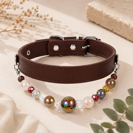 Detachable Beaded Dog Collar - Brown Microfiber PU Leather, Zinc Alloy Hardware, Adjustable S Size 20-28cm Neck, Decorative Pet Collar for Small Dogs