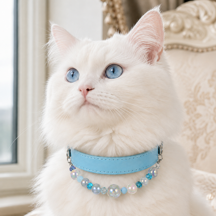 Detachable Beaded Dog Collar - Sky Blue Microfiber PU Leather, Zinc Alloy Hardware, Adjustable XL Size 36-46cm Neck, 2.5cm Wide Decorative Pet Collar for Dogs