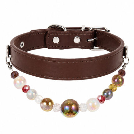 Detachable Beaded Dog Collar - Brown Microfiber PU Leather, Zinc Alloy Hardware, Adjustable M Size 26-34cm Neck, Decorative Pet Collar for Dogs