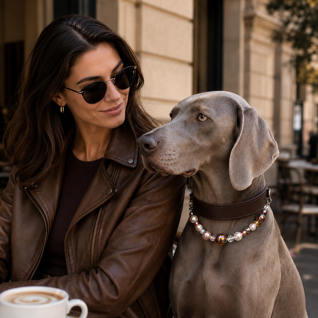 Detachable Beaded Dog Collar - Brown Microfiber PU Leather, Zinc Alloy Hardware, Adjustable M Size 26-34cm Neck, Decorative Pet Collar for Dogs