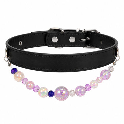 Detachable Beaded Dog Collar - Black Microfiber PU Leather, Zinc Alloy Hardware, Adjustable S Size 20-28cm Neck, Decorative Pet Collar for Small Dogs