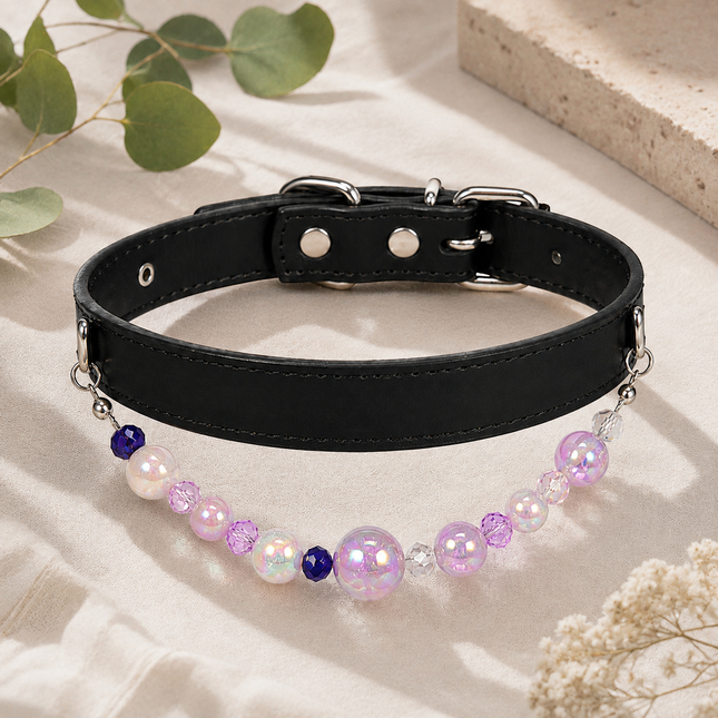 Detachable Beaded Dog Collar - Black Microfiber PU Leather, Zinc Alloy Hardware, Adjustable S Size 20-28cm Neck, Decorative Pet Collar for Small Dogs