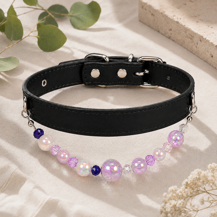 Detachable Beaded Dog Collar - Black Microfiber PU Leather, Zinc Alloy Hardware, Adjustable L Size 28-36cm Neck, 2cm Wide Decorative Pet Collar for Dog