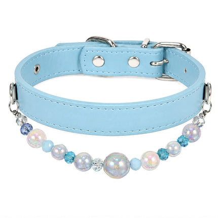 Detachable Beaded Dog Collar - Sky Blue Microfiber PU Leather, Zinc Alloy Hardware, Adjustable S Size 20-28cm Neck, Decorative Pet Collar for Small Dogs