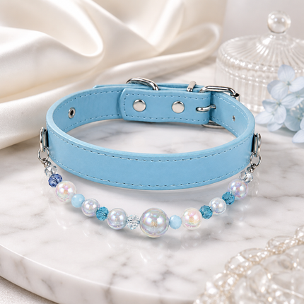 Detachable Beaded Dog Collar - Sky Blue Microfiber PU Leather, Zinc Alloy Hardware, Adjustable S Size 20-28cm Neck, Decorative Pet Collar for Small Dogs
