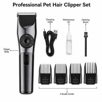 Black Rechargeable Pet Hair Clippers – Cordless Dog & Cat Grooming Trimmer with Adjustable Cutting Length, Guide Combs, USB Charging & Grooming Accessories