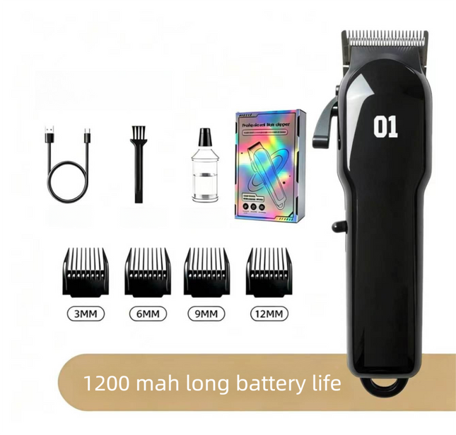 Black Rechargeable Pet Hair Clippers - 1200mAh Dog and Cat Grooming Trimmer with Digital Display, USB Charging, Adjustable Blade and Guide Combs