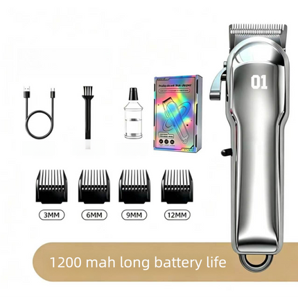 Silver Rechargeable Pet Hair Clippers - 1200mAh Dog and Cat Grooming Trimmer with Digital Display, USB Charging, Adjustable Blade and Guide Combs