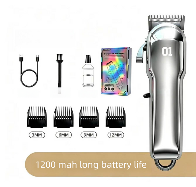 Silver Rechargeable Pet Hair Clippers - 1200mAh Dog and Cat Grooming Trimmer with Digital Display, USB Charging, Adjustable Blade and Guide Combs