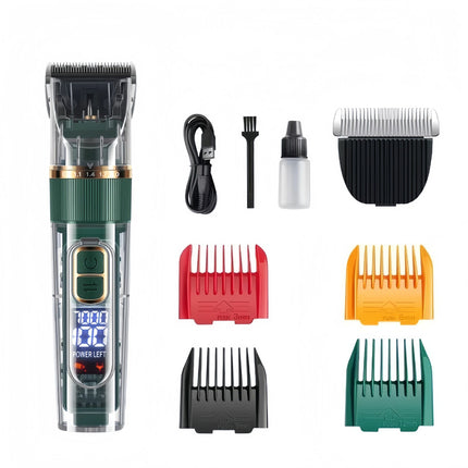 Rechargeable Pet Hair Clippers Green - 2000mAh Dog and Cat Grooming Trimmer with Transparent Housing, Smart Digital Display, Adjustable Cutting Length and Guide Combs