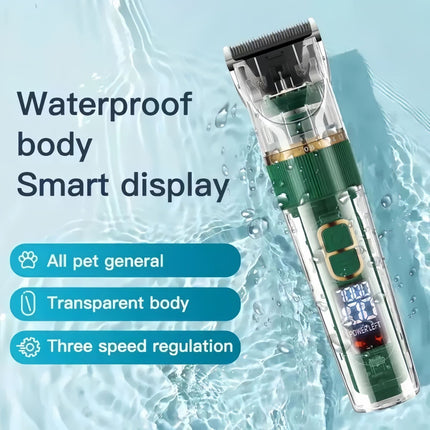 Rechargeable Pet Hair Clippers Green - 2000mAh Dog and Cat Grooming Trimmer with Transparent Housing, Smart Digital Display, Adjustable Cutting Length and Guide Combs