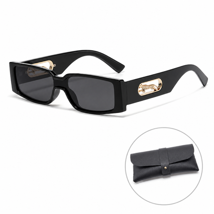 Rectangle Sunglasses with Leopard Detail - Black PC Frame, Grey Tinted Lenses, Unisex Fashion Eyewear with Black Glasses Storage Pouch