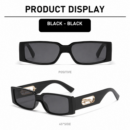 Rectangle Sunglasses with Leopard Detail - Black PC Frame, Grey Tinted Lenses, Unisex Fashion Eyewear with Black Glasses Storage Pouch
