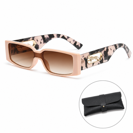 Rectangle Sunglasses with Leopard Detail - Pink frame PC Frame, Unisex Fashion Eyewear with Black Glasses Storage Pouch