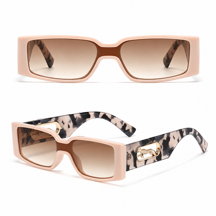 Rectangle Sunglasses with Leopard Detail - Pink frame PC Frame, Unisex Fashion Eyewear with Black Glasses Storage Pouch