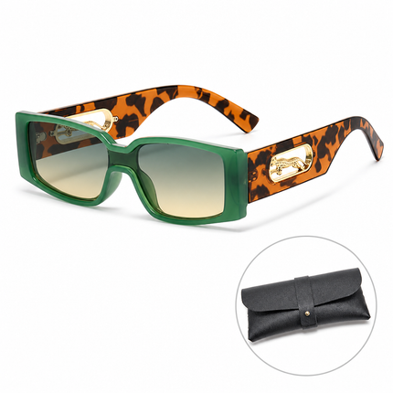 Rectangle Sunglasses with Leopard Detail - Green frame PC Frame, Unisex Fashion Eyewear with Black Glasses Storage Pouch