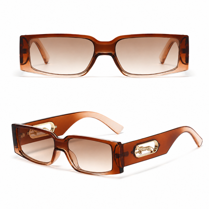 Rectangle Sunglasses with Leopard Detail - Gradient brown PC Frame, Unisex Fashion Eyewear with Black Glasses Storage Pouch