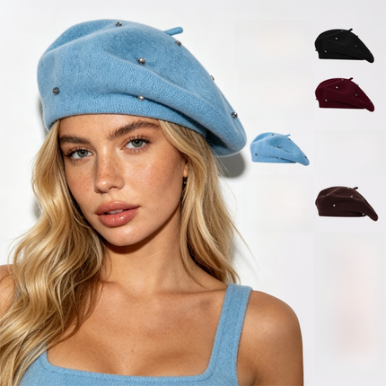 Women's Wool Blend Beret Hat - Blue French Style Painter Cap with Scattered Rhinestone Details, Soft Knit Vintage Fashion Headwear