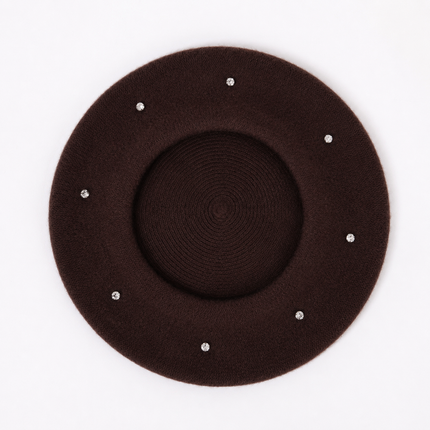 Women's Wool Blend Beret Hat - Brown French Style Painter Cap with Scattered Rhinestone Details, Soft Knit Vintage Fashion Headwear