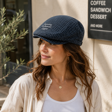 Women's Plaid Flat Cap - Navy Blue Check Newsboy Painter Hat, Adjustable Double Snap Design, Short Brim Vintage Casual Cap for Everyday Streetwear