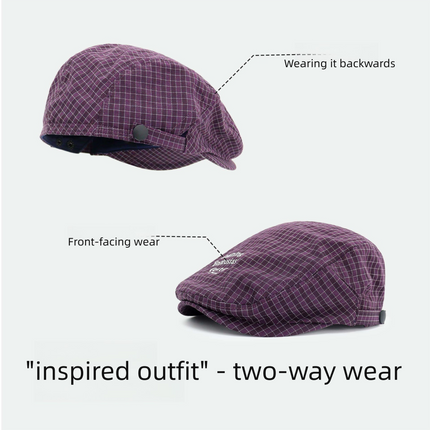 Women's Plaid Flat Cap - Navy Blue Check Newsboy Painter Hat, Adjustable Double Snap Design, Short Brim Vintage Casual Cap for Everyday Streetwear
