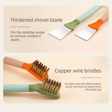 2-Pack Blue Dual Head Kitchen Cleaning Brush Set - Stainless Steel Scraper and Copper Wire Brush - Heavy Duty Grease Removal, Detachable Handle, Multi Surface Use for Stovetops and Ovens