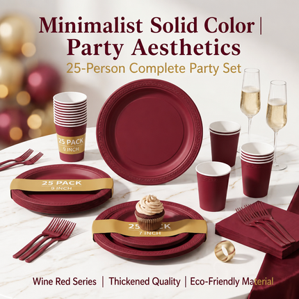 25 Guest Deep Red Disposable Tableware Set - 9 Inch and 7 Inch Paper Plates, Cups, Napkins and Plastic Cutlery - Elegant Party Supplies for Weddings, Birthdays and Holiday Dinners