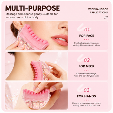 Pink Glitter Facial Contour Massage Brush(Large) - Ergonomic Crescent Shape for Face Neck and Hand Care - Soft Bristles Portable Beauty Tool