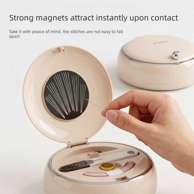 Beige Magnetic Sewing Kit - Portable Round Case with 20 Needles, 15 Thread Spools, Scissors, Thimble, Tape Measure for Home Dorm Travel Repairs