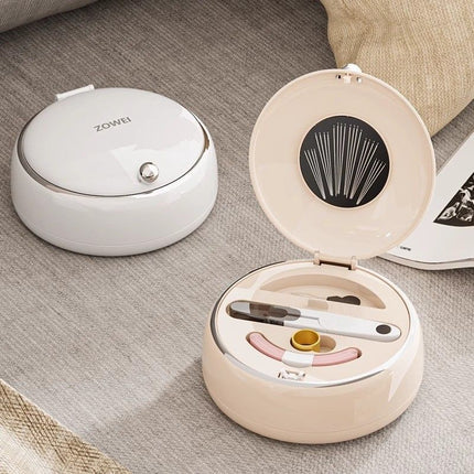 Beige Magnetic Sewing Kit - Portable Round Case with 20 Needles, 15 Thread Spools, Scissors, Thimble, Tape Measure for Home Dorm Travel Repairs