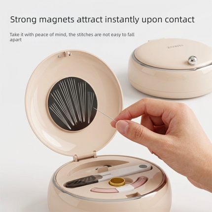 White Magnetic Sewing Kit - Portable Round Case with 20 Needles, 15 Thread Spools, Scissors, Thimble, Tape Measure for Home Dorm Travel Repairs