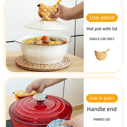 2 PCS Red Bird Shaped Pot Lid Lifter Heat Resistant Cotton Potholder - Embroidered Floral Kitchen Accessory for Saucepan Handles and Hot Cookware