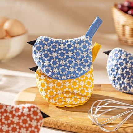 1 PCS Dark Blue Bird Shaped Pot Lid Lifter Heat Resistant Cotton Potholder - Embroidered Floral Kitchen Accessory for Saucepan Handles and Hot Cookware