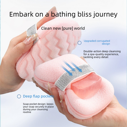 1PCS Green Soap Bag with Sponge Puff - Thickened Wave Texture Foam Maker with Elastic Strap for Face Wash Body Cleansing and Makeup Removal