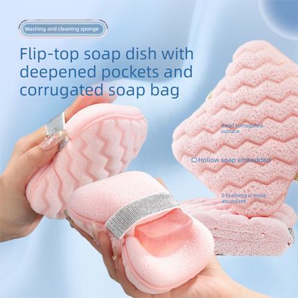1PCS Green Soap Bag with Sponge Puff - Thickened Wave Texture Foam Maker with Elastic Strap for Face Wash Body Cleansing and Makeup Removal