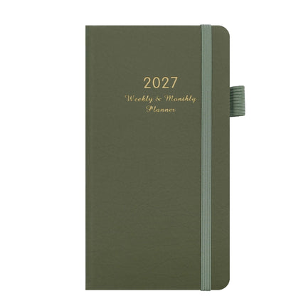 2027 Green Weekly & Monthly Planner - Compact 18 x 10 cm English Schedule Book, 144 Pages with Yearly Overview, Monthly Planning, Notes, Pen Loop and Elastic Closure